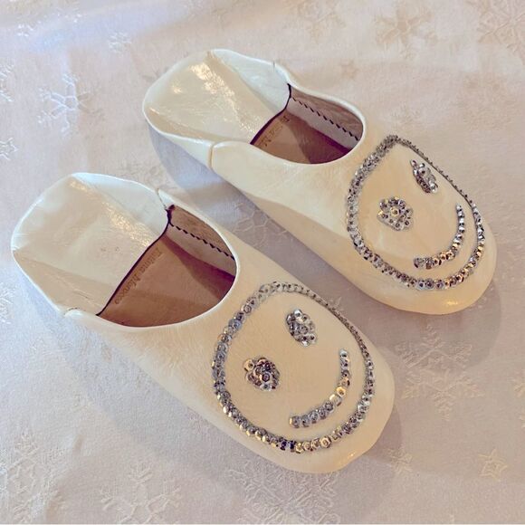 NWOT Fatima Morocco Babouche Slippers Leather Sequined Happy Face Sz 8 Gorgeous - Picture 1 of 5